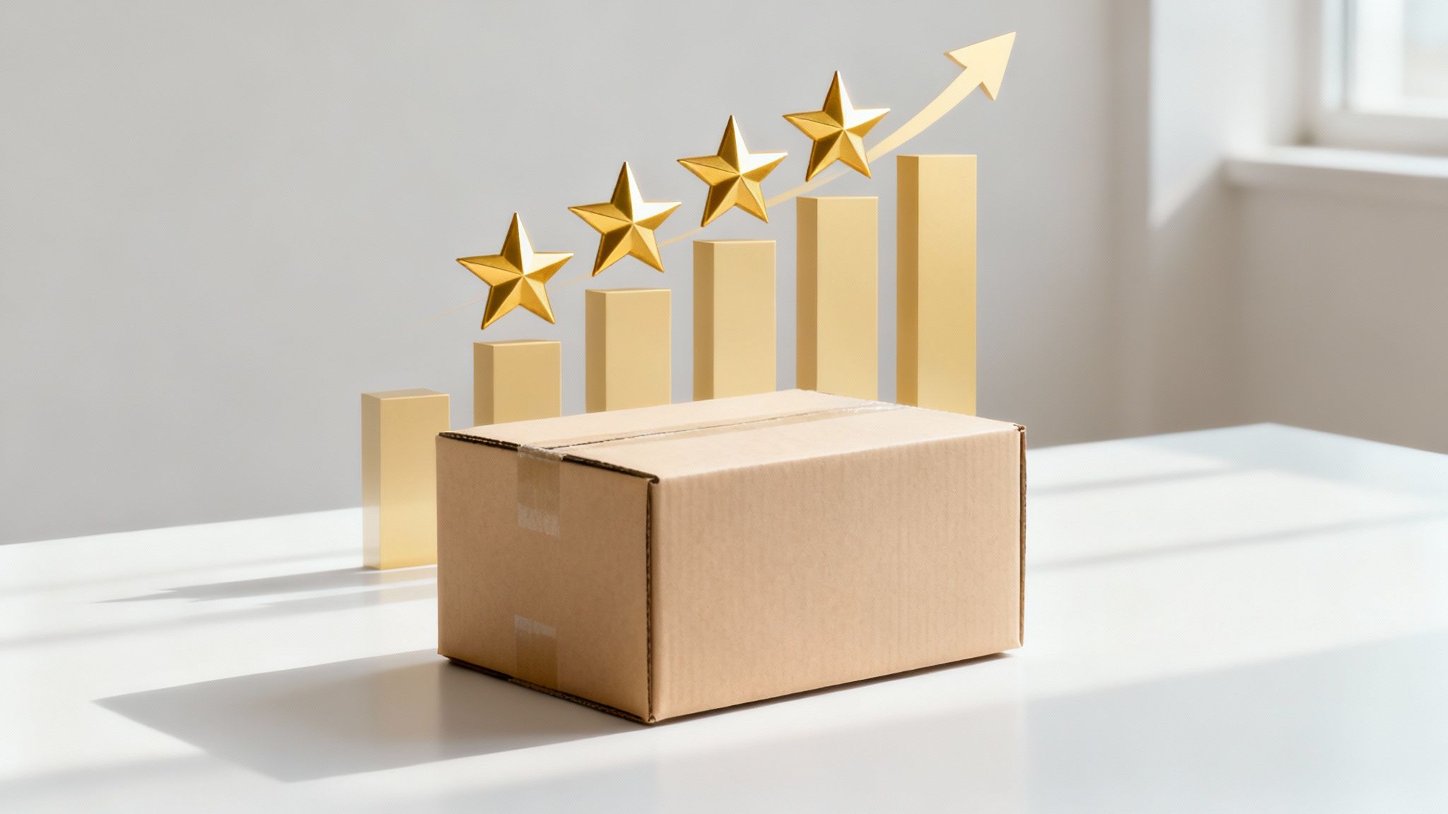 A cardboard delivery box on a table with a gold bar chart, upward arrow, and four golden stars signifying excellent product reviews and growth.