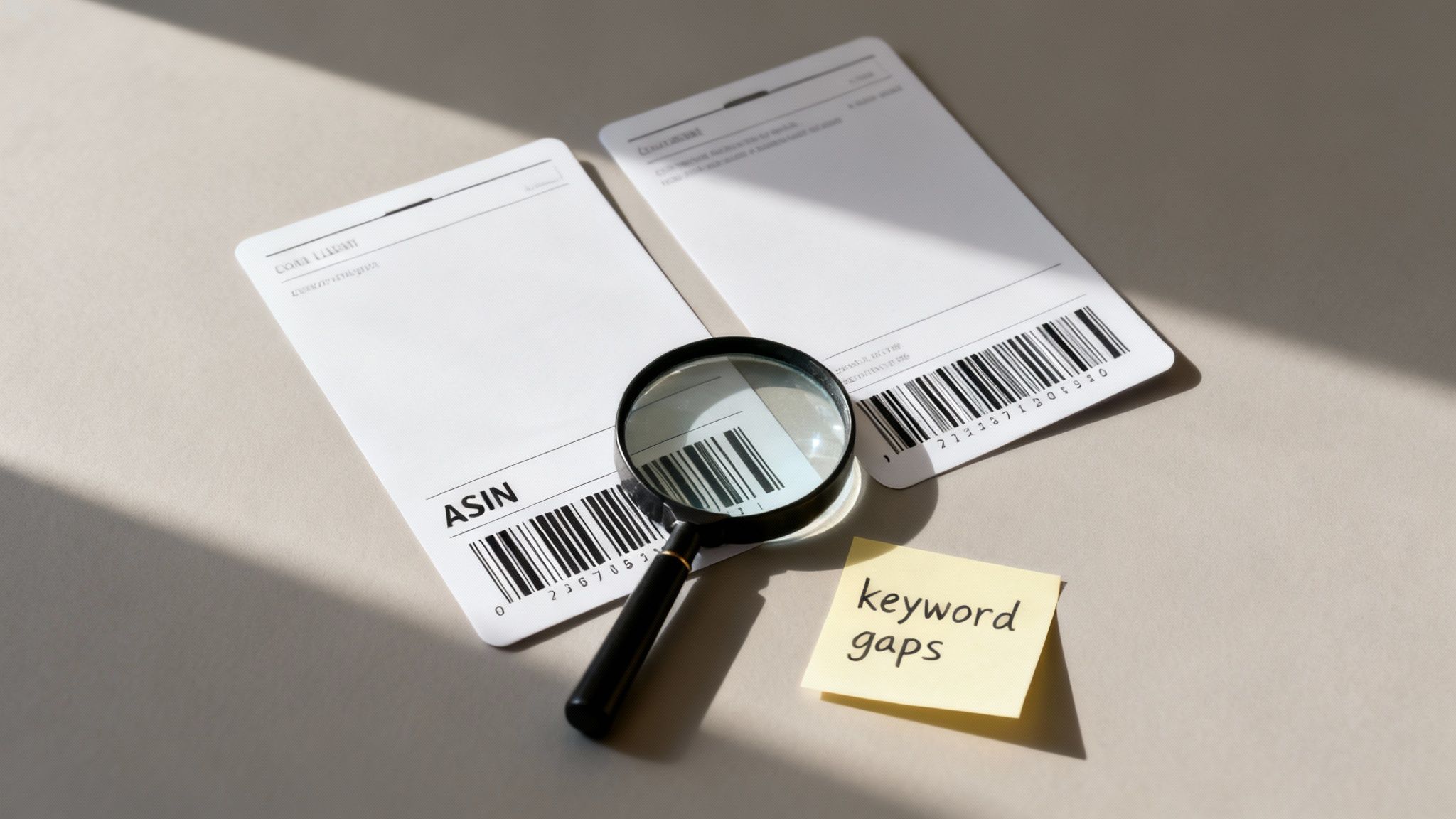 A magnifying glass examining barcodes on ASIN cards next to a sticky note saying 'keyword gaps', symbolizing Amazon product analysis.