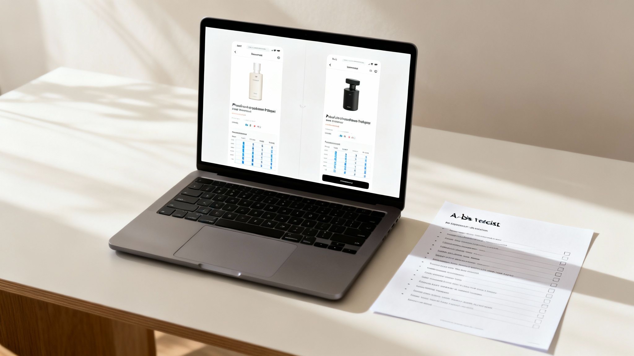 Laptop displaying mobile app product comparisons for A/B testing with a checklist on a desk.