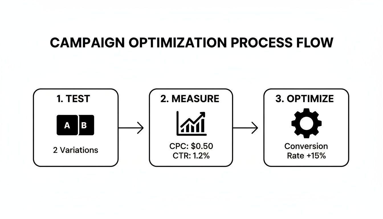 Flowchart illustrating the campaign optimization process: test two variations, measure performance with CPC and CTR, then optimize for +15% conversion rate.