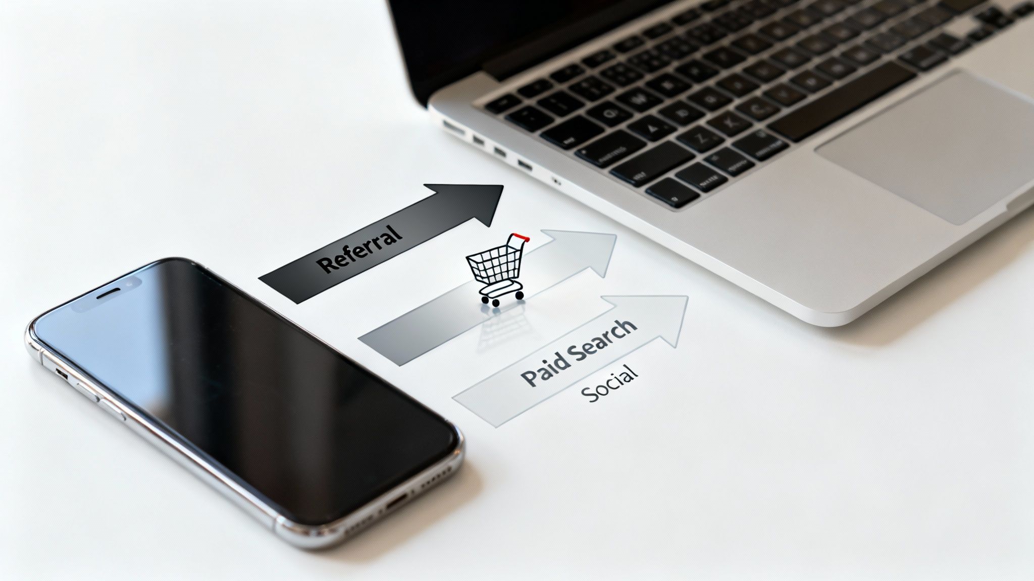 Smartphone, laptop, and arrows showing referral, paid search, and social leading to an online shopping cart.