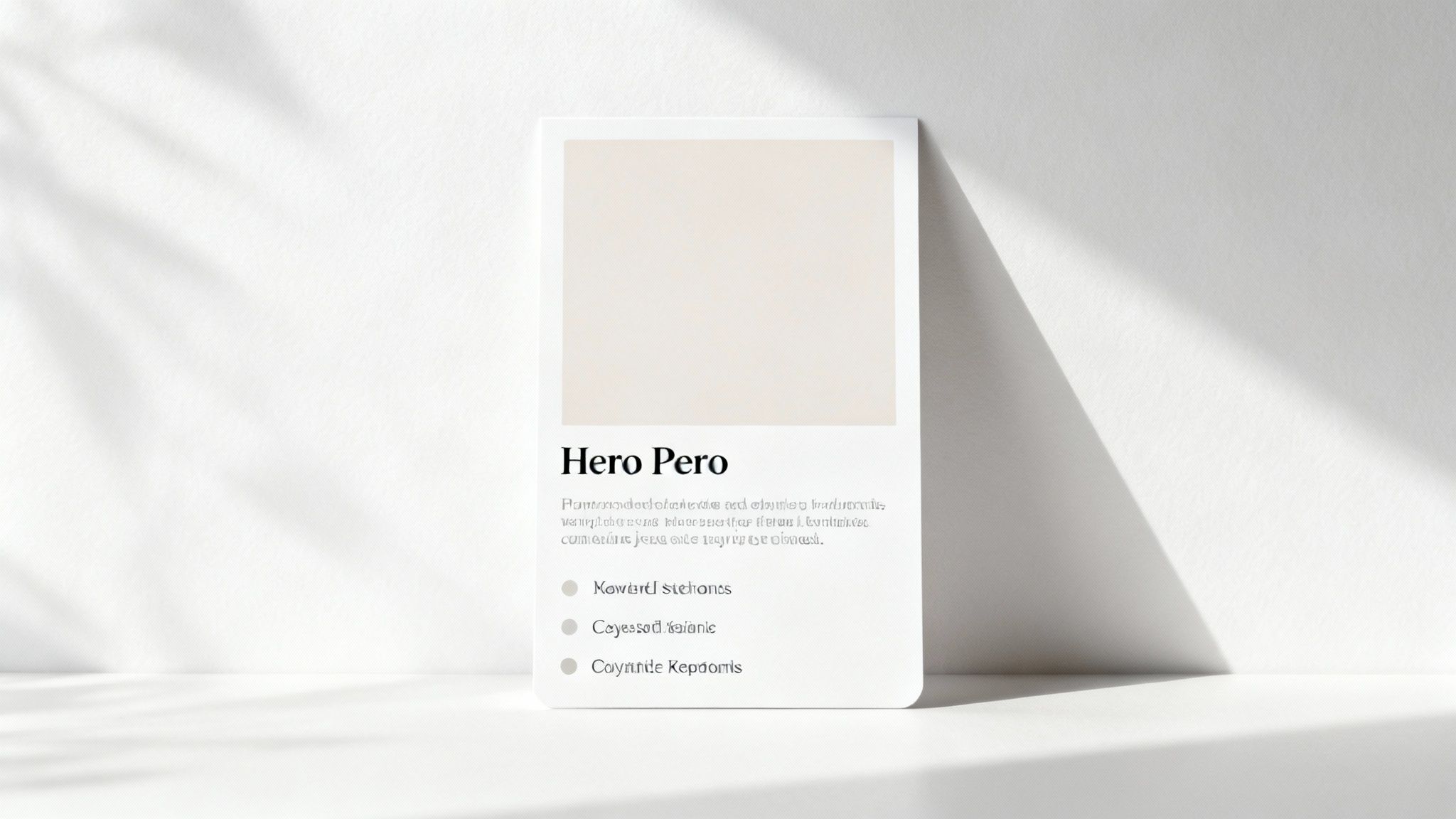 White card mockup displaying Hero Pero title with bullet points under natural window shadow lighting