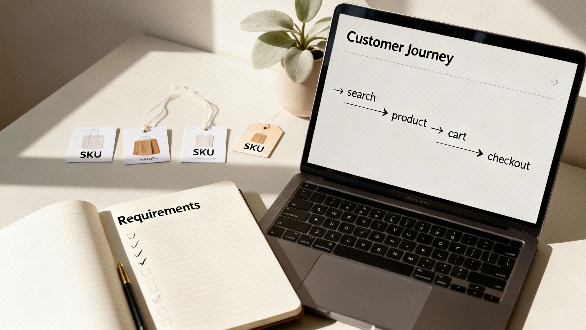 A laptop displays an e-commerce customer journey next to a notebook with requirements and product SKU tags.