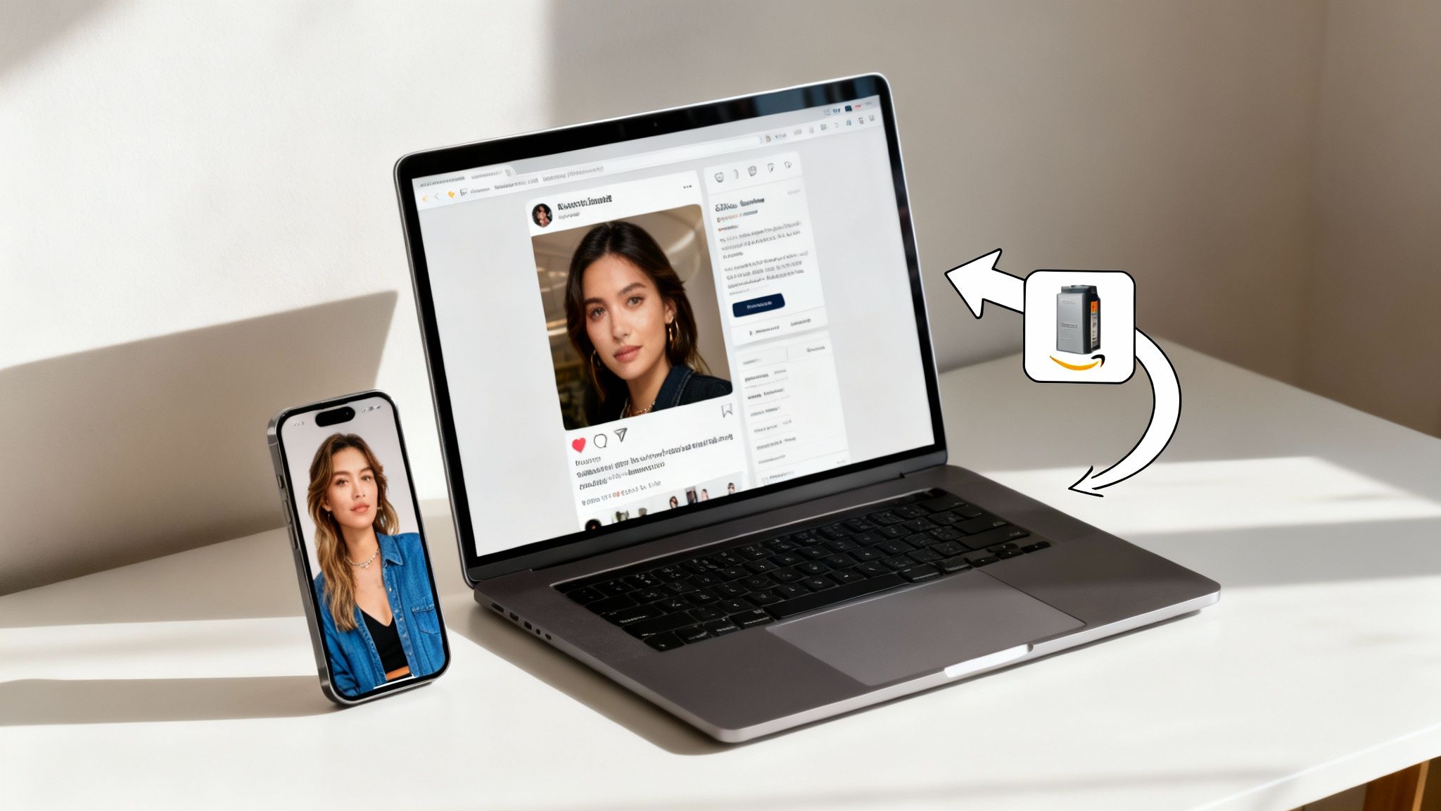 A laptop and smartphone display images of a woman, with an Amazon device connecting them.