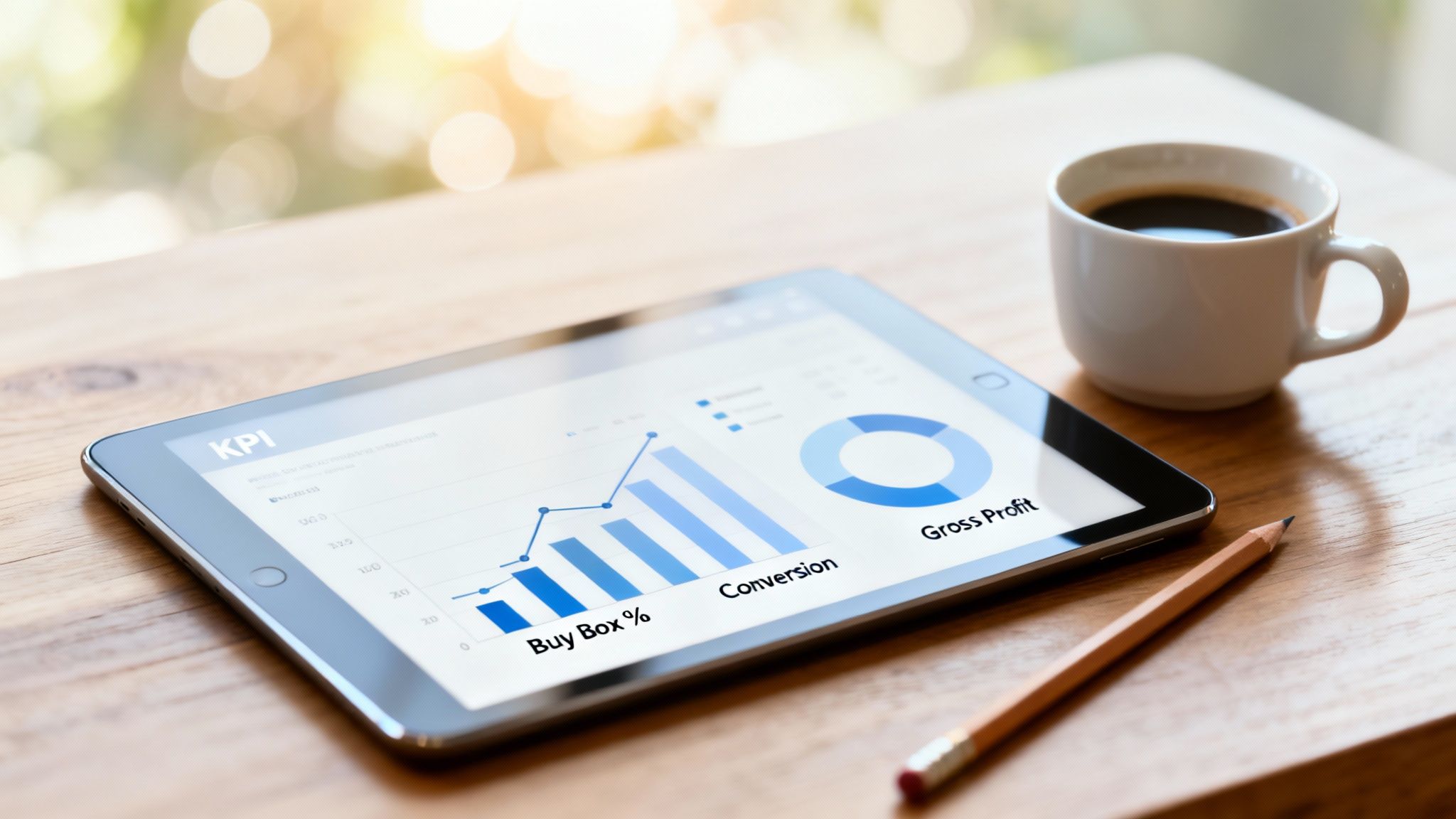 Tablet on wooden desk showing a KPI dashboard with business metrics like Buy Box %, Conversion, and Gross Profit.