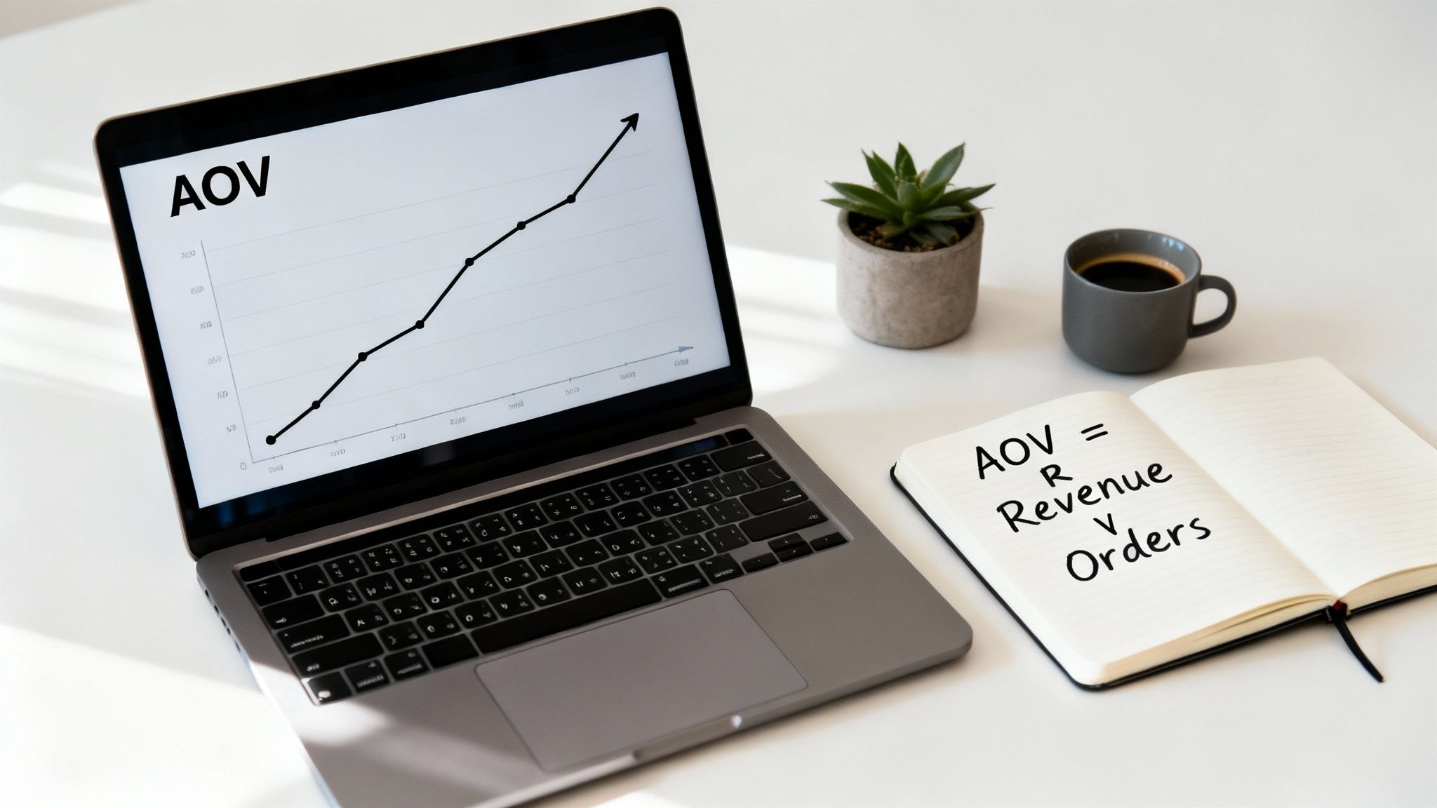A laptop displays an AOV trend graph, beside a coffee cup and notebook with the AOV formula.