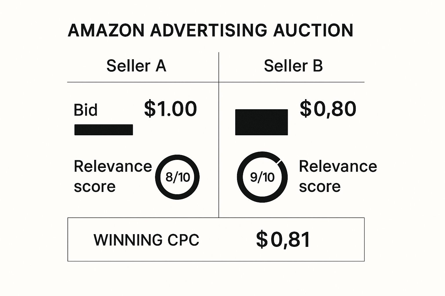Infographic comparing two sellers in the Amazon advertising auction, showing their bids, relevance scores, and the final cost-per-click.