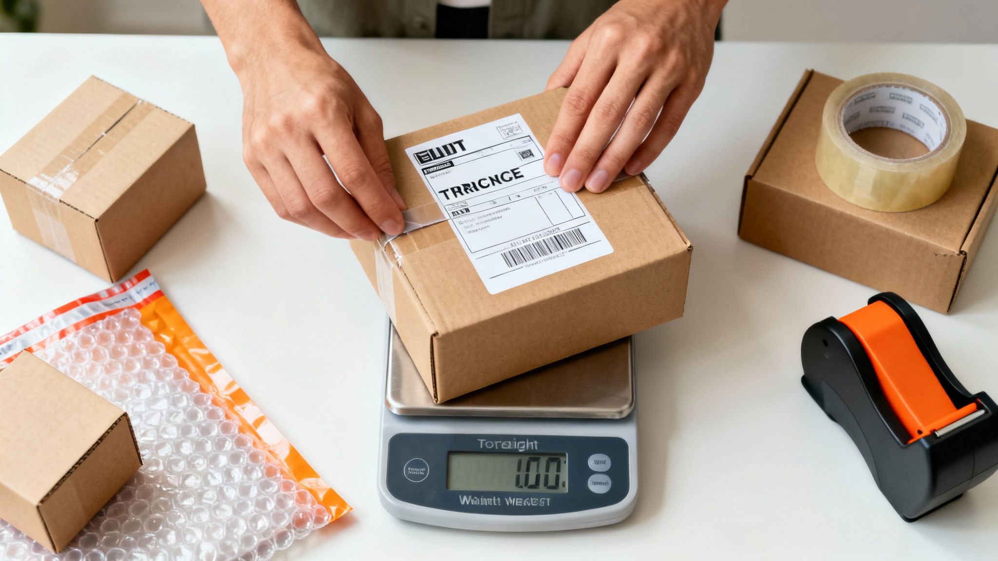 Hands weigh a cardboard shipping box on a digital scale, surrounded by packaging materials.