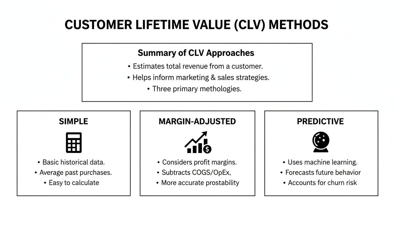 Diagram illustrating three customer lifetime value (CLV) calculation methods: simple, margin-adjusted, and predictive.