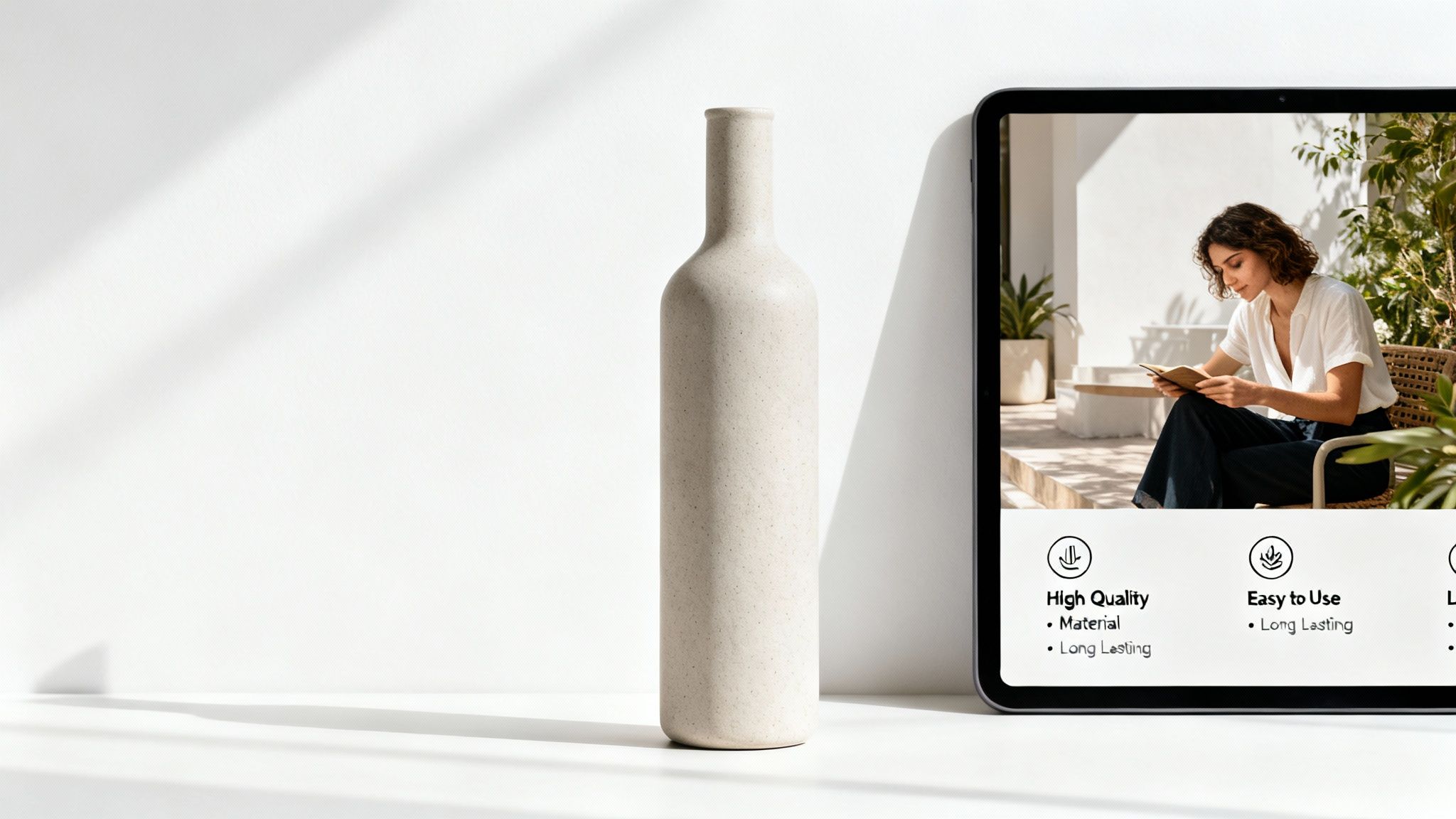 A speckled light-colored bottle on a white surface next to a tablet showing a woman reading and product features.