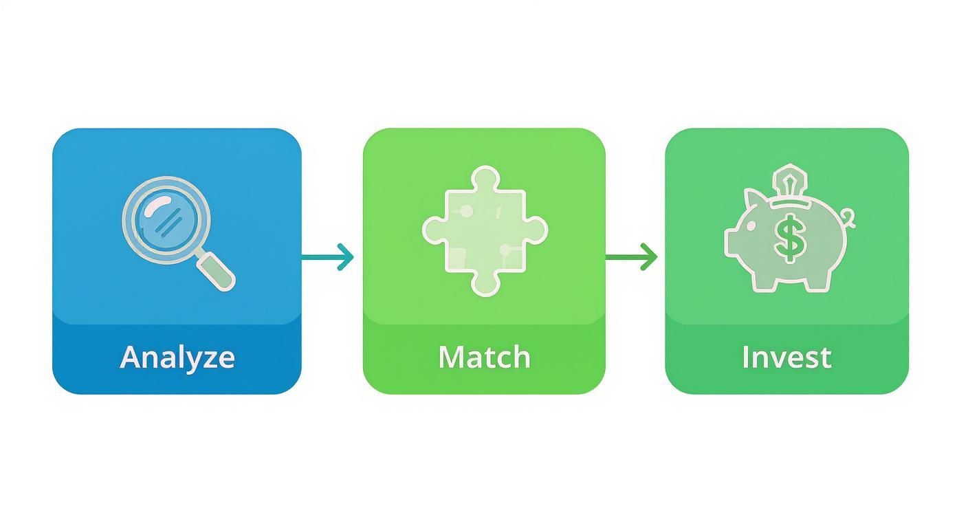 Infographic showing a three-step go-to-market process: Analyze, Match, and Invest.