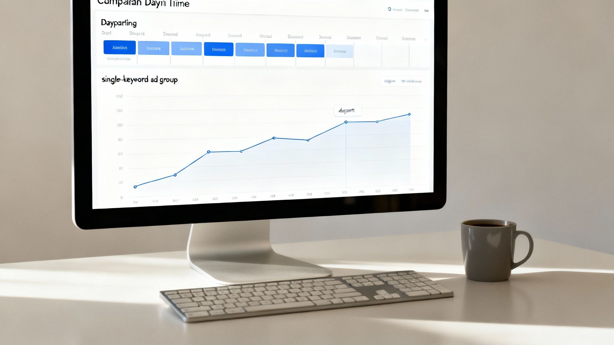 A person analyzes complex data visualizations on multiple screens, showing charts and performance metrics for an advertising campaign.