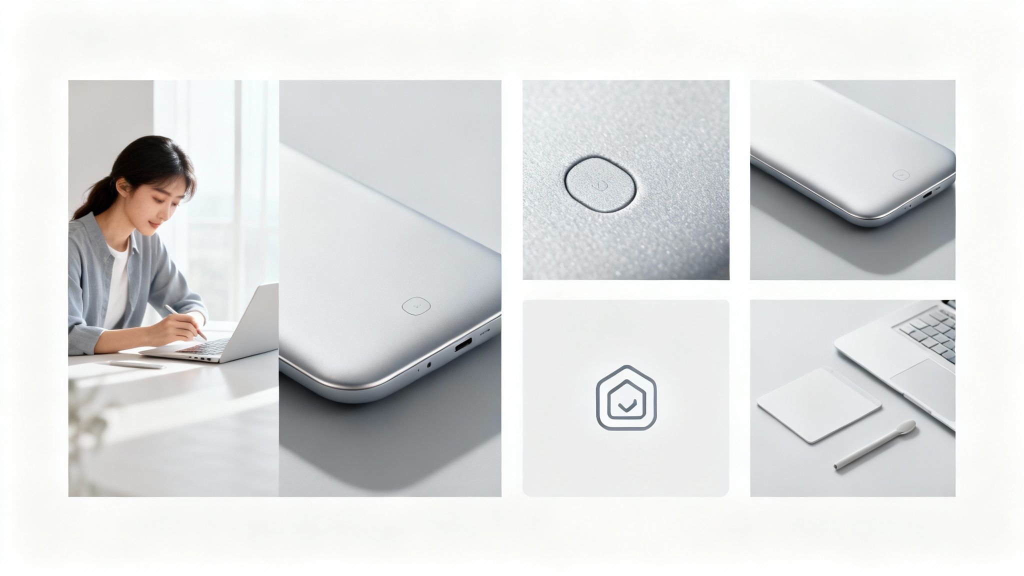 Multiple views of a woman working on a laptop and sleek silver tech devices.