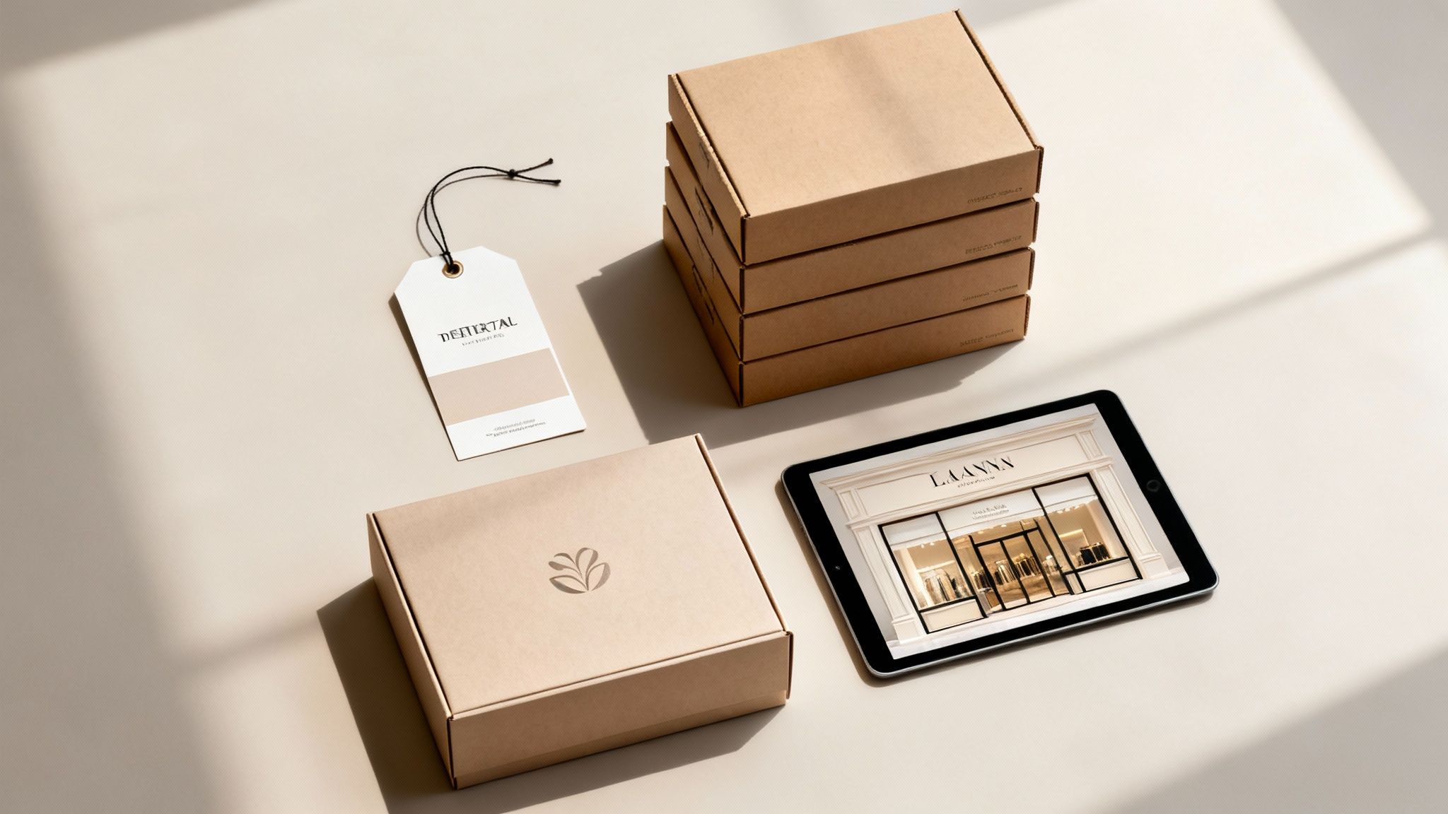 Overhead view of various branding items, including brown cardboard boxes, a tag, and a tablet displaying a store.
