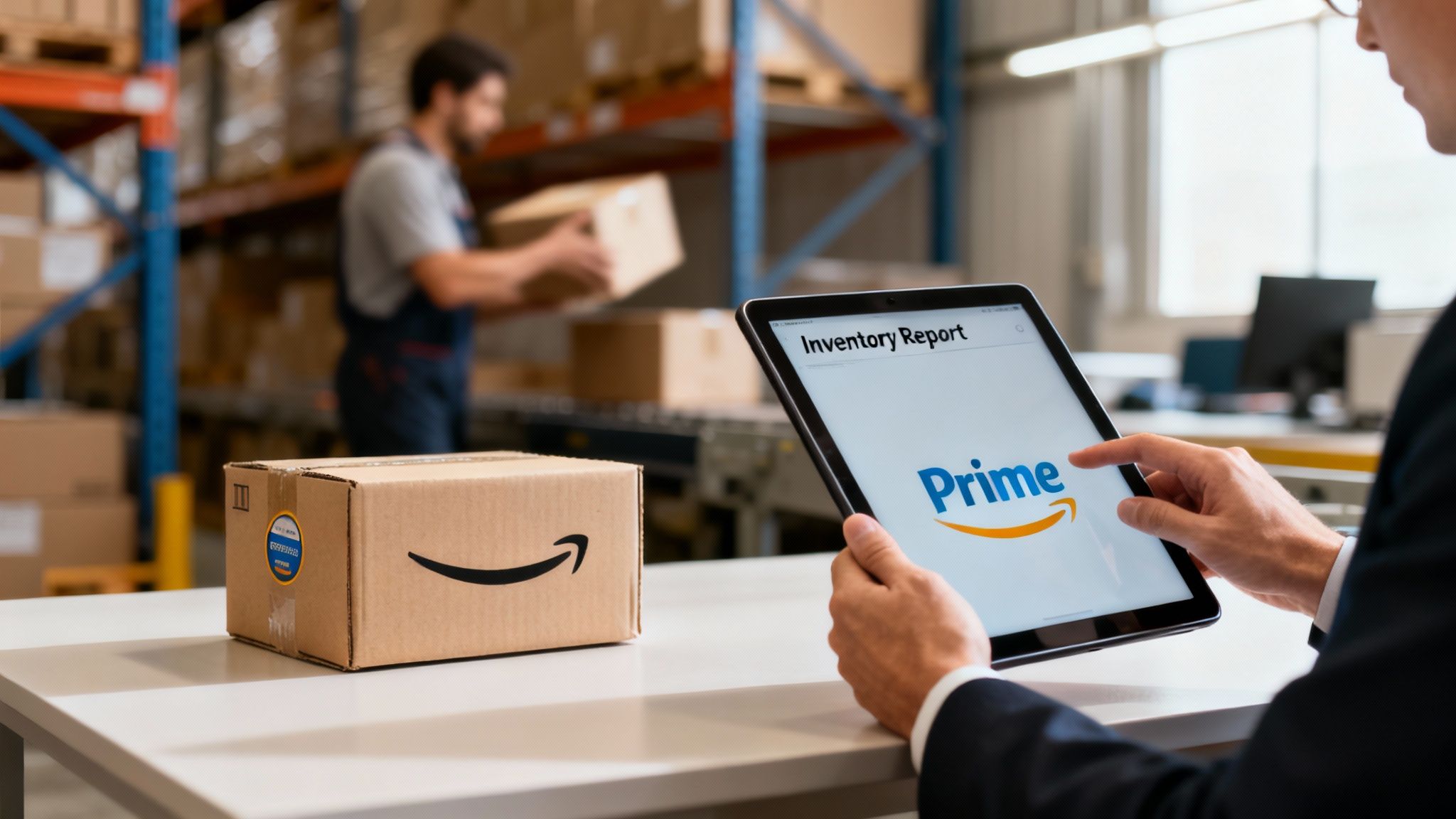 A business person reviews an Amazon Prime inventory report on a tablet while a worker handles boxes in a warehouse.