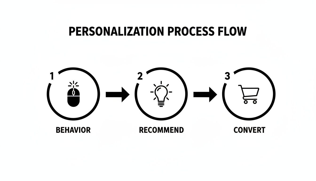 Personalization process flow diagram illustrating three key steps: Behavior, Recommend, and Convert.
