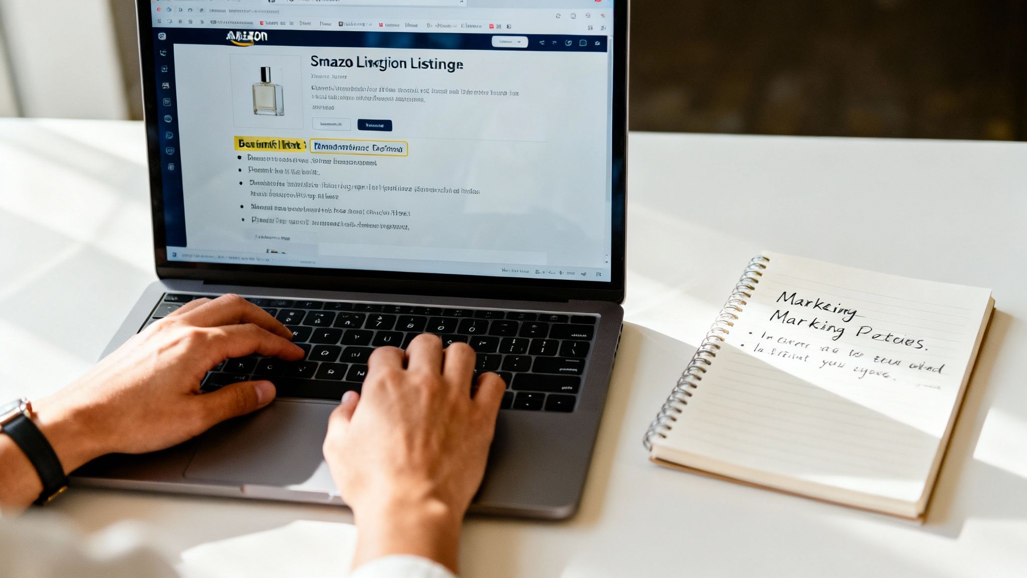 Person typing on a laptop, optimizing an Amazon product listing with marketing notes visible.