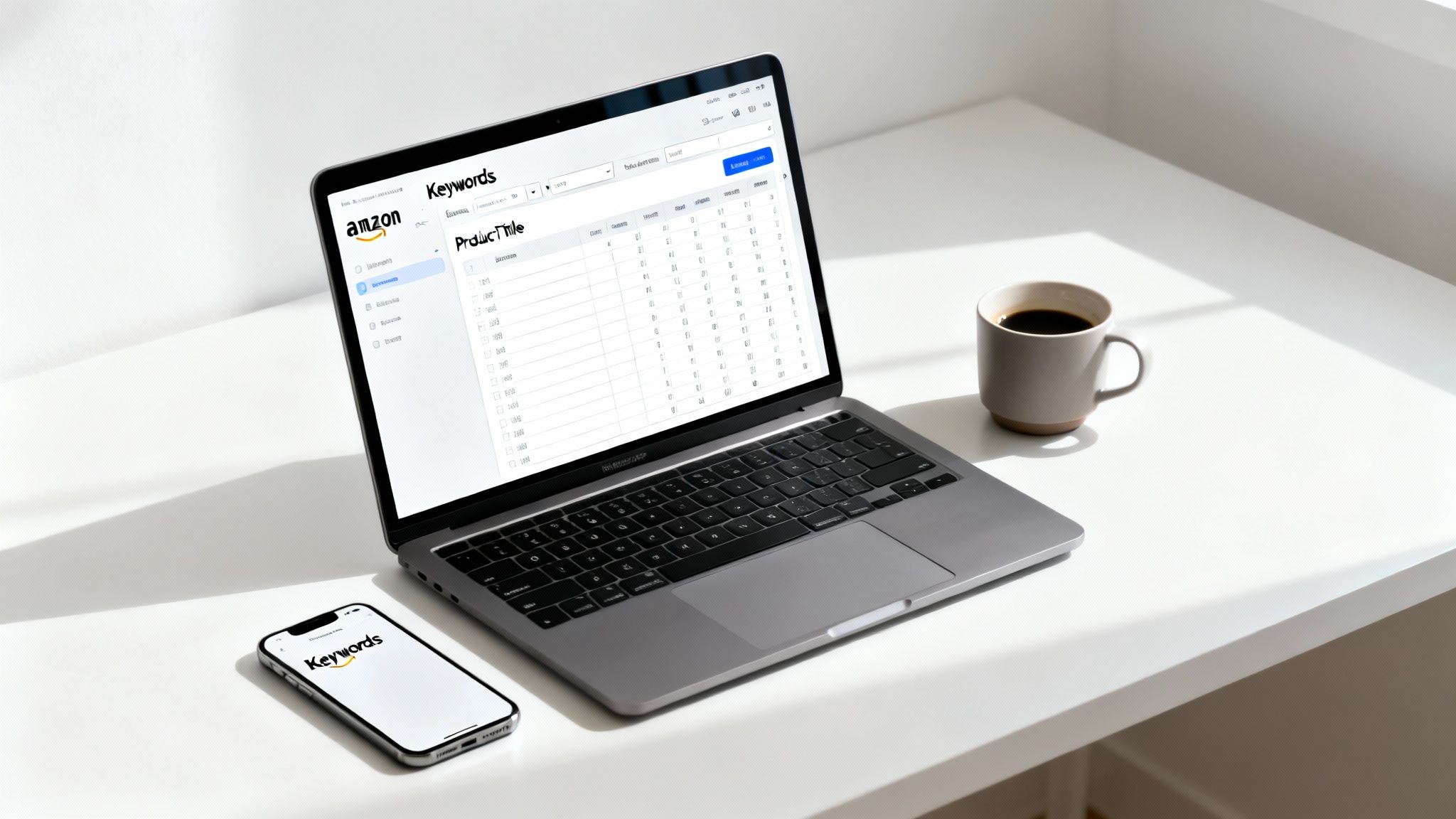 A laptop and smartphone display an Amazon keyword research tool on a modern white desk.