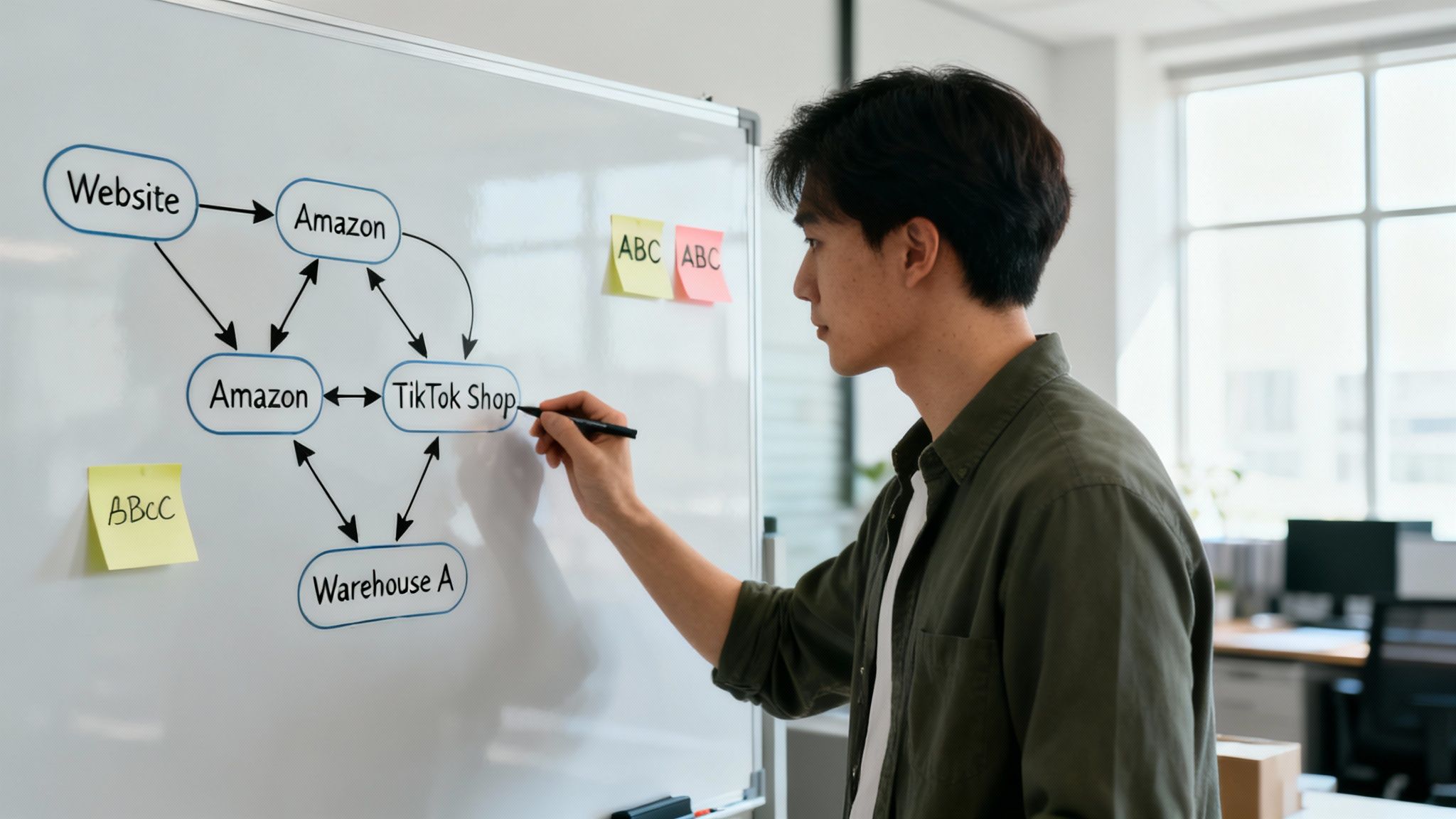 A person at a desk sketching out a business strategy on paper, surrounded by sticky notes and a laptop displaying charts.