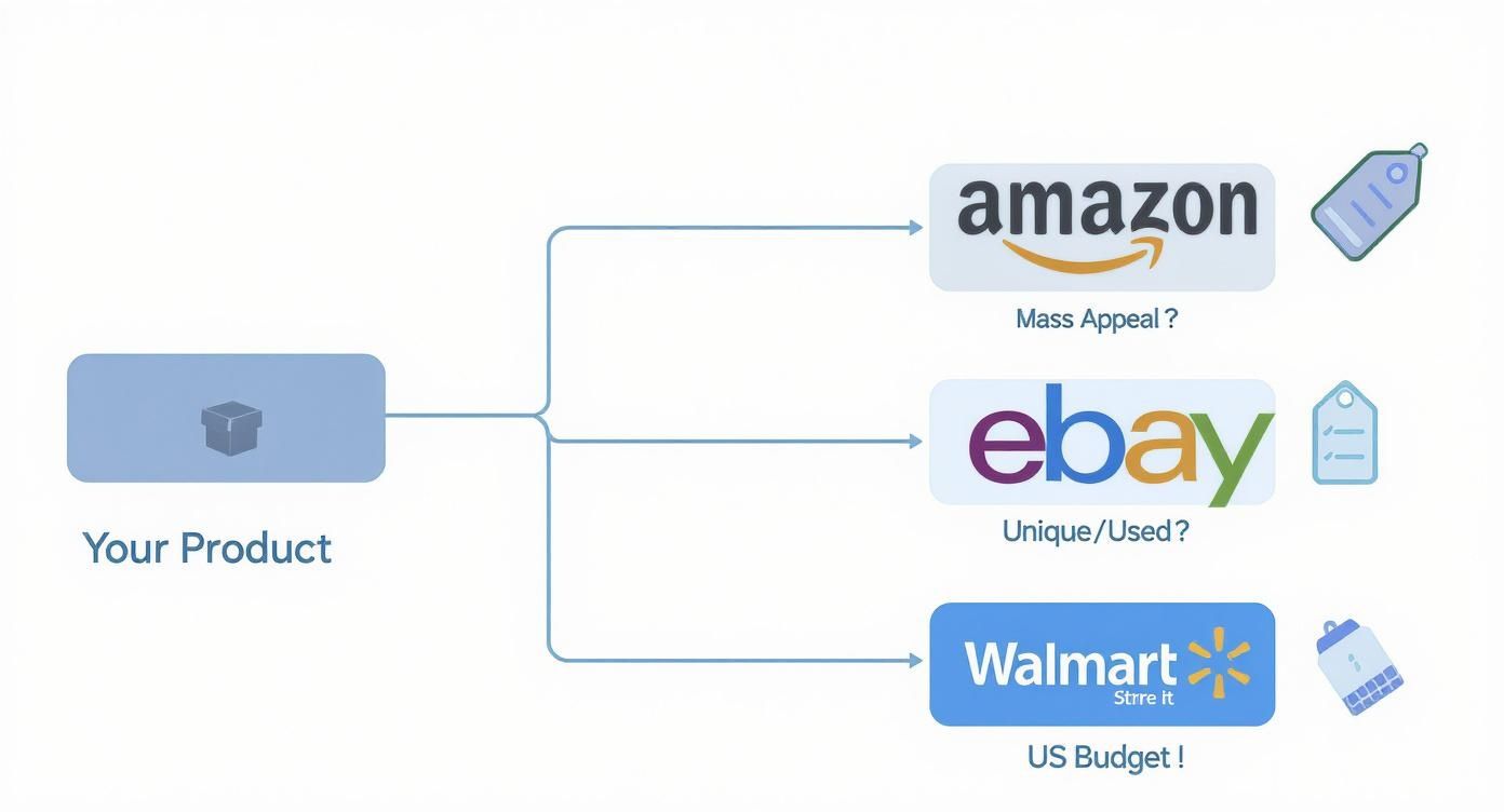 Flowchart showing product distribution strategy across Amazon, eBay, and Walmart marketplaces with targeting considerations
