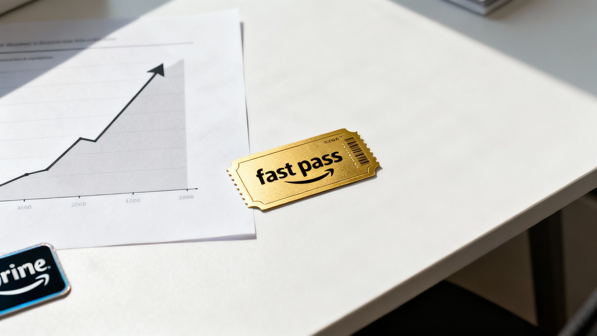 A golden Amazon fast pass ticket and a business graph showing growth on a white desk.