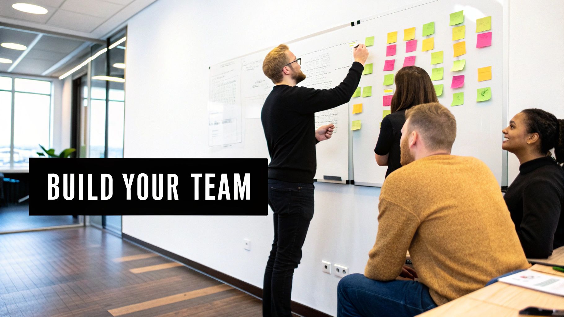 A diverse team collaborates around a table, mapping out a growth plan.