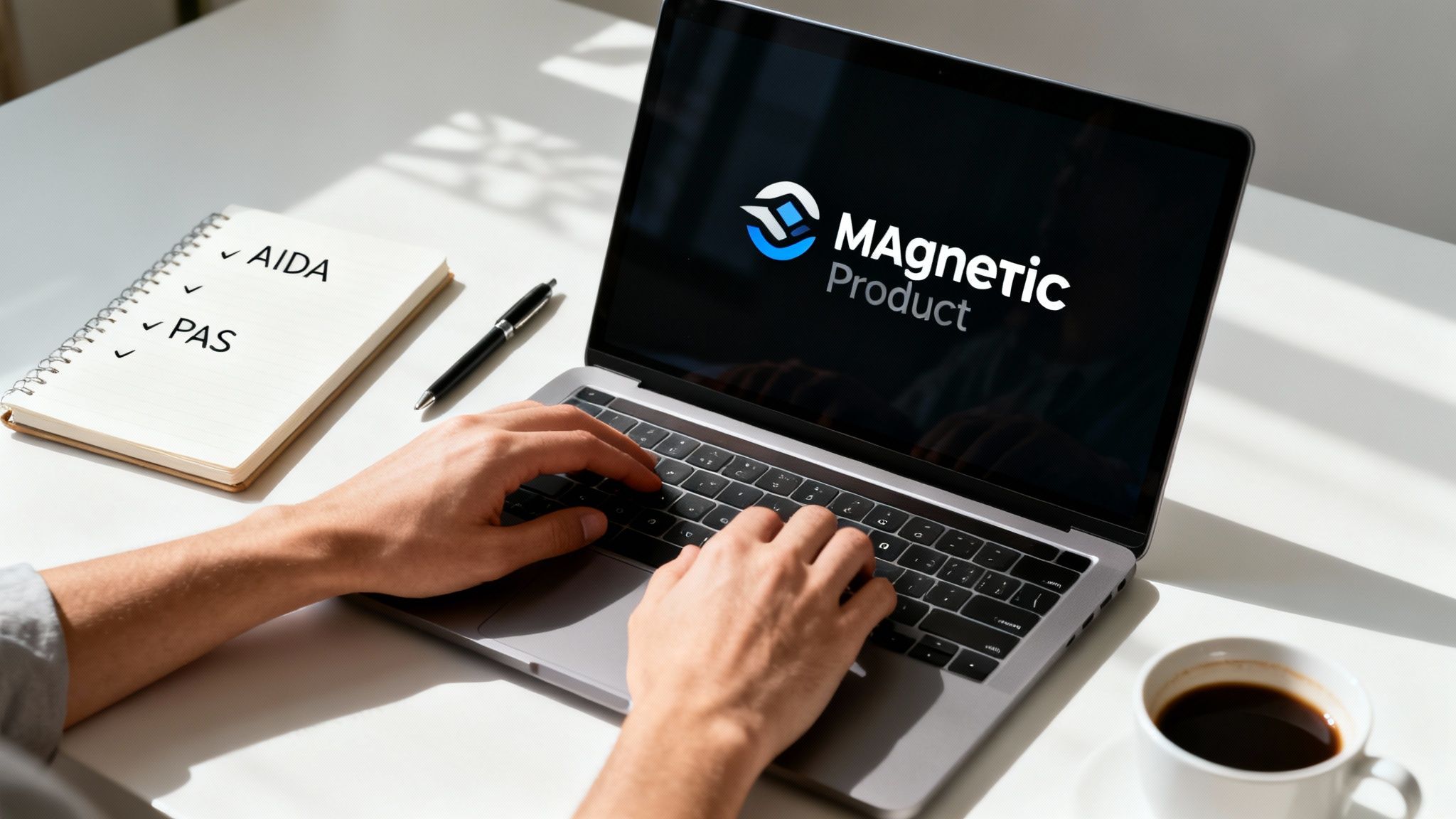 Hands typing on a laptop displaying 'MAGnetic Product' logo, with a marketing notebook and coffee.