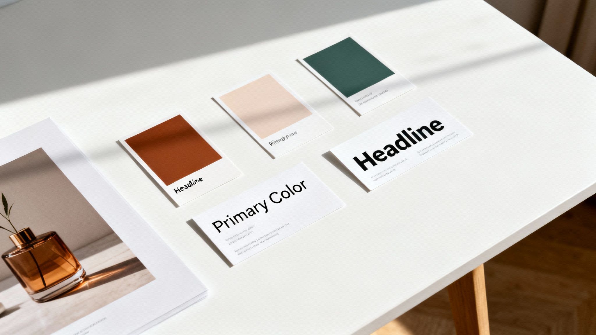 Various branding design elements, including color palettes, typography cards, and a magazine, on a white table.