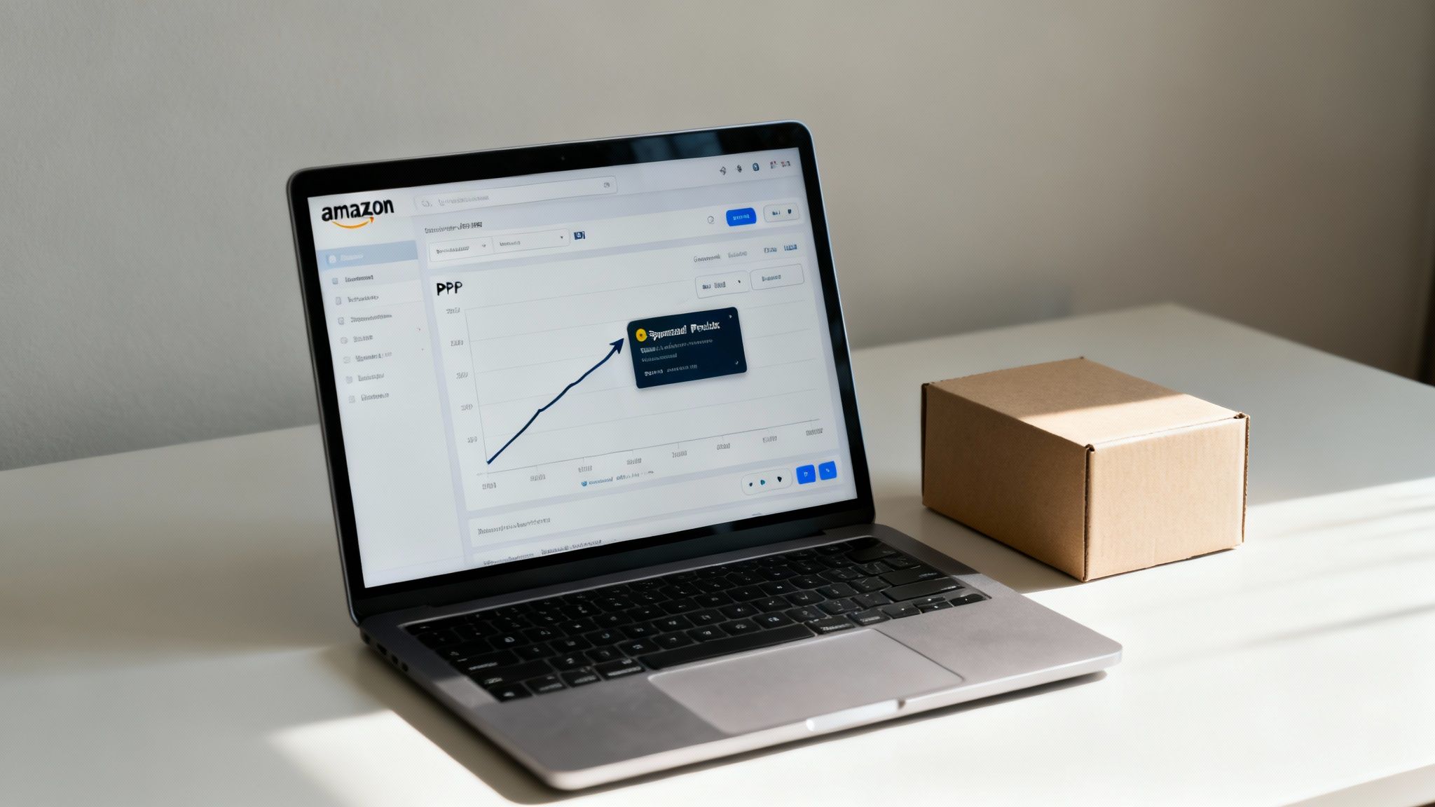 Laptop displaying Amazon seller analytics dashboard with upward growth chart next to cardboard shipping box