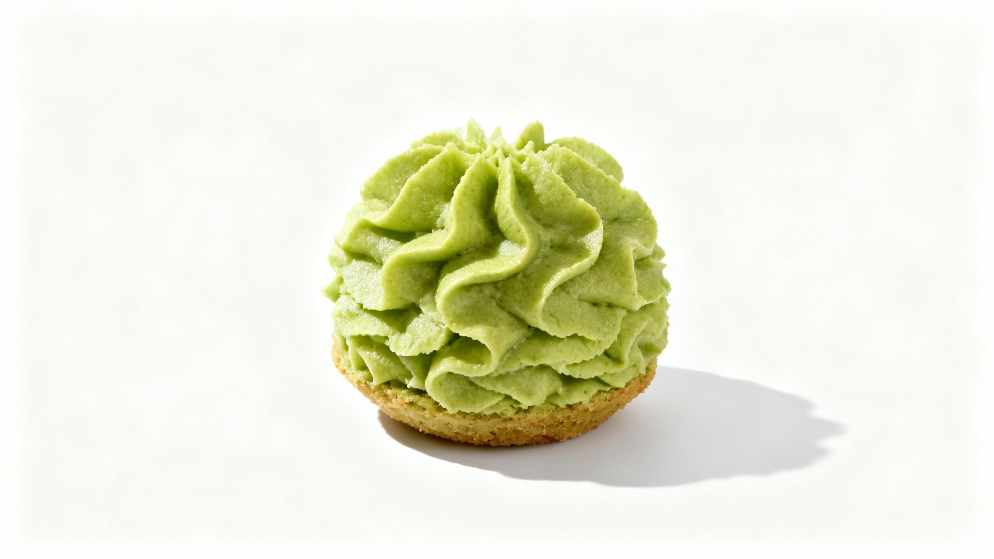 A vibrant green piped dessert with a crispy base on a white background, casting a soft shadow.