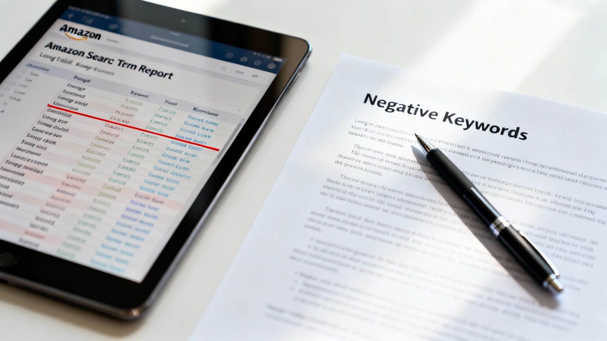 Amazon Search Term Report on a tablet beside a 'Negative Keywords' document with a pen.