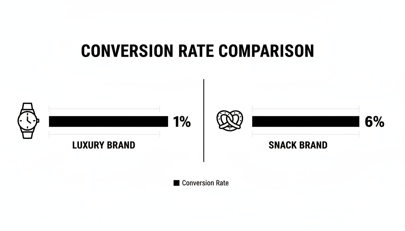 Conversion rate comparison chart showing a luxury brand at 1% and a snack brand at 6%.