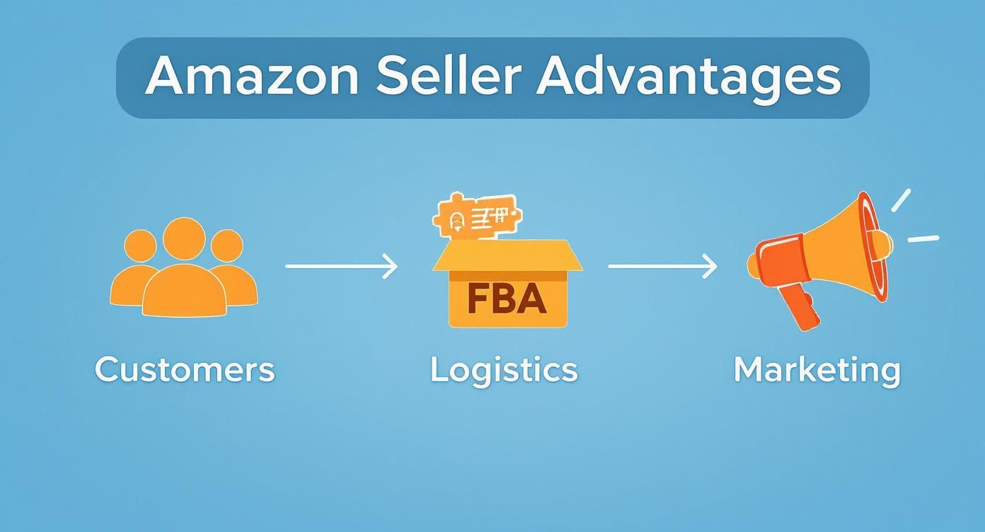 Diagram illustrating Amazon seller advantages: customers, FBA logistics, and marketing support for businesses.