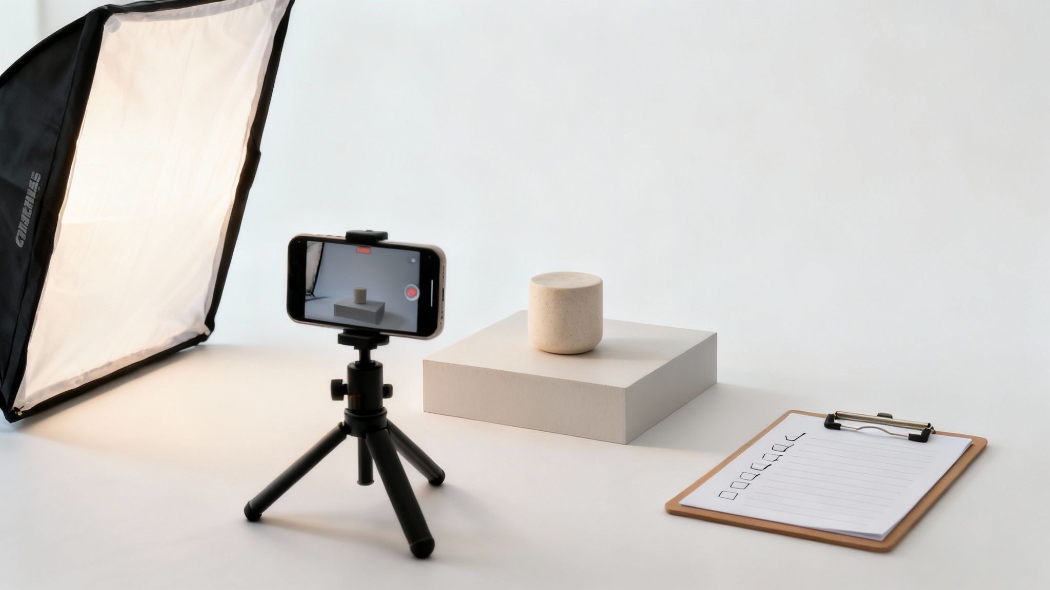 A product photography setup with a softbox, smartphone on tripod, product on a pedestal, and a checklist.