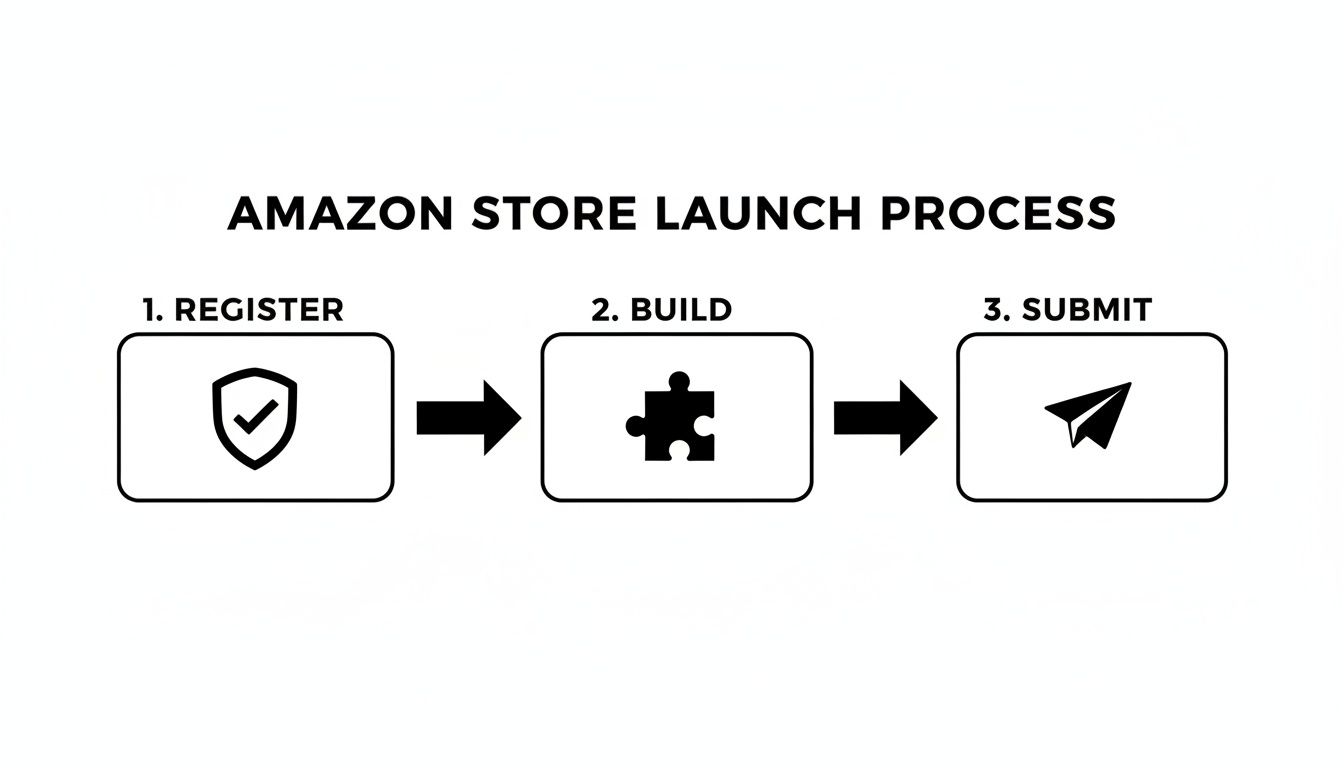 A diagram illustrating the Amazon Store launch process with three steps: Register, Build, and Submit.