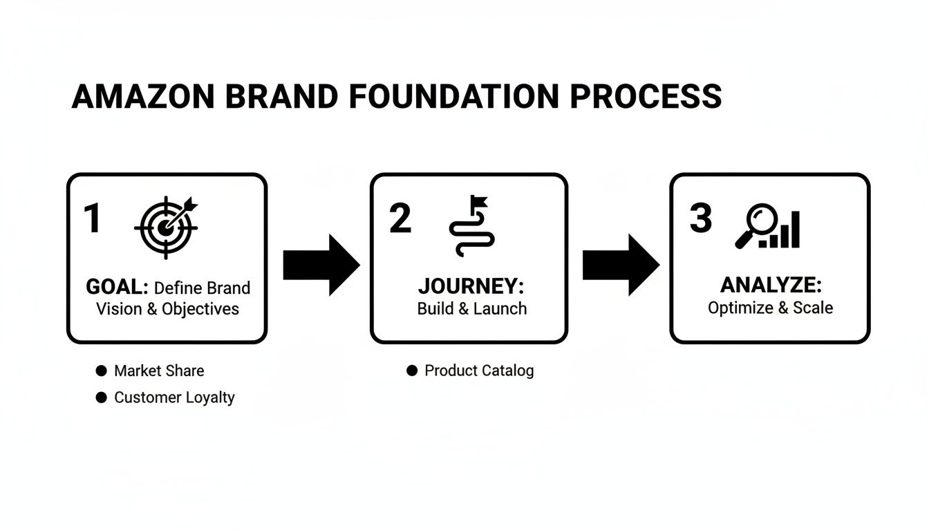Flowchart illustrating the Amazon Brand Foundation Process with three main steps: Goal, Journey, and Analyze.