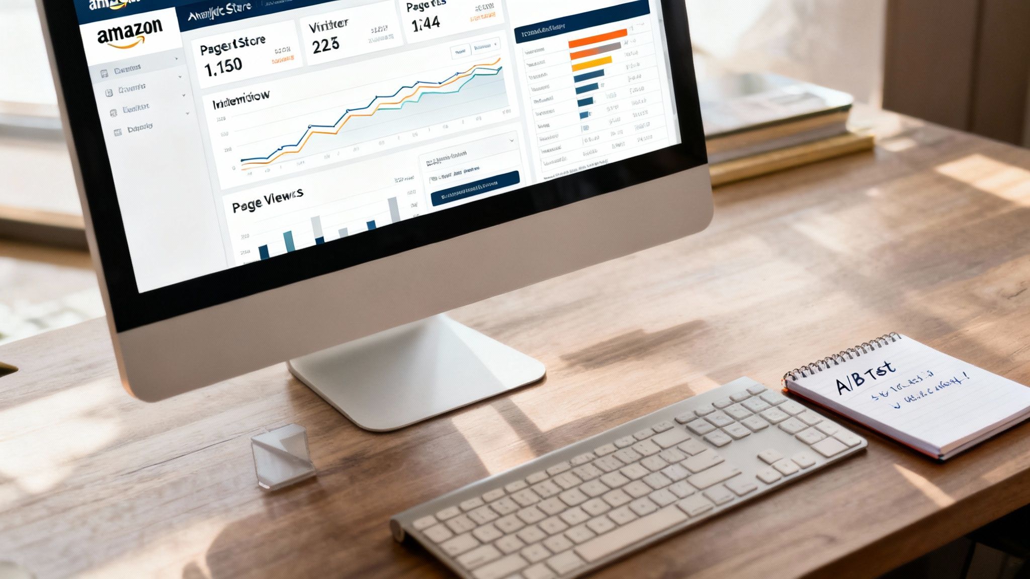 An Amazon Brand Store analytics dashboard showing page views and visitor data on a desktop monitor.