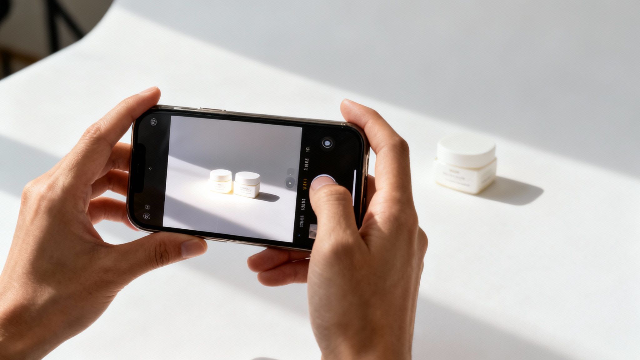 Hands holding a smartphone taking a product photo of two cosmetic jars on a white surface.