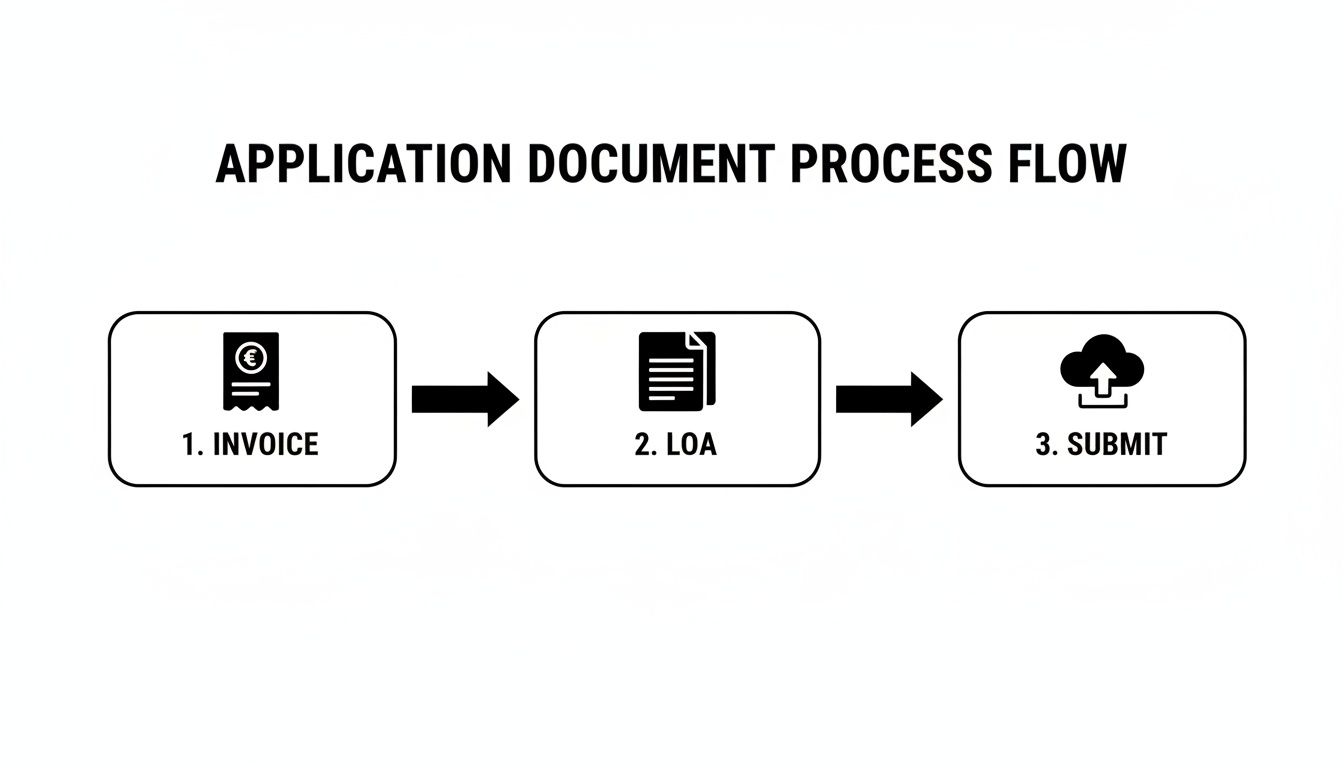 Flowchart illustrating the application document process with steps: invoice, LOA, and submit.