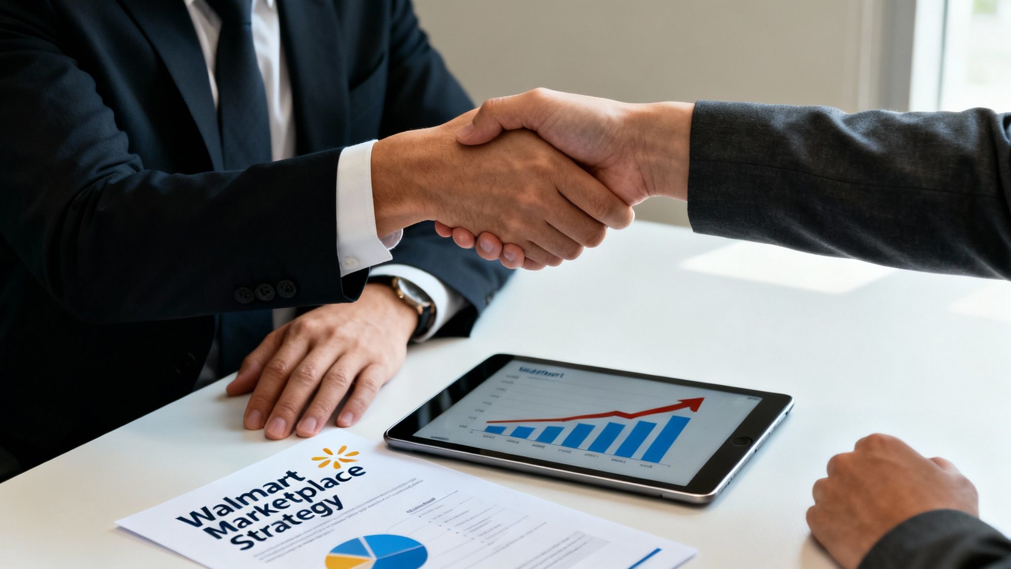 Two business professionals shake hands over a table with a Walmart Marketplace Strategy document and a tablet showing growth charts.