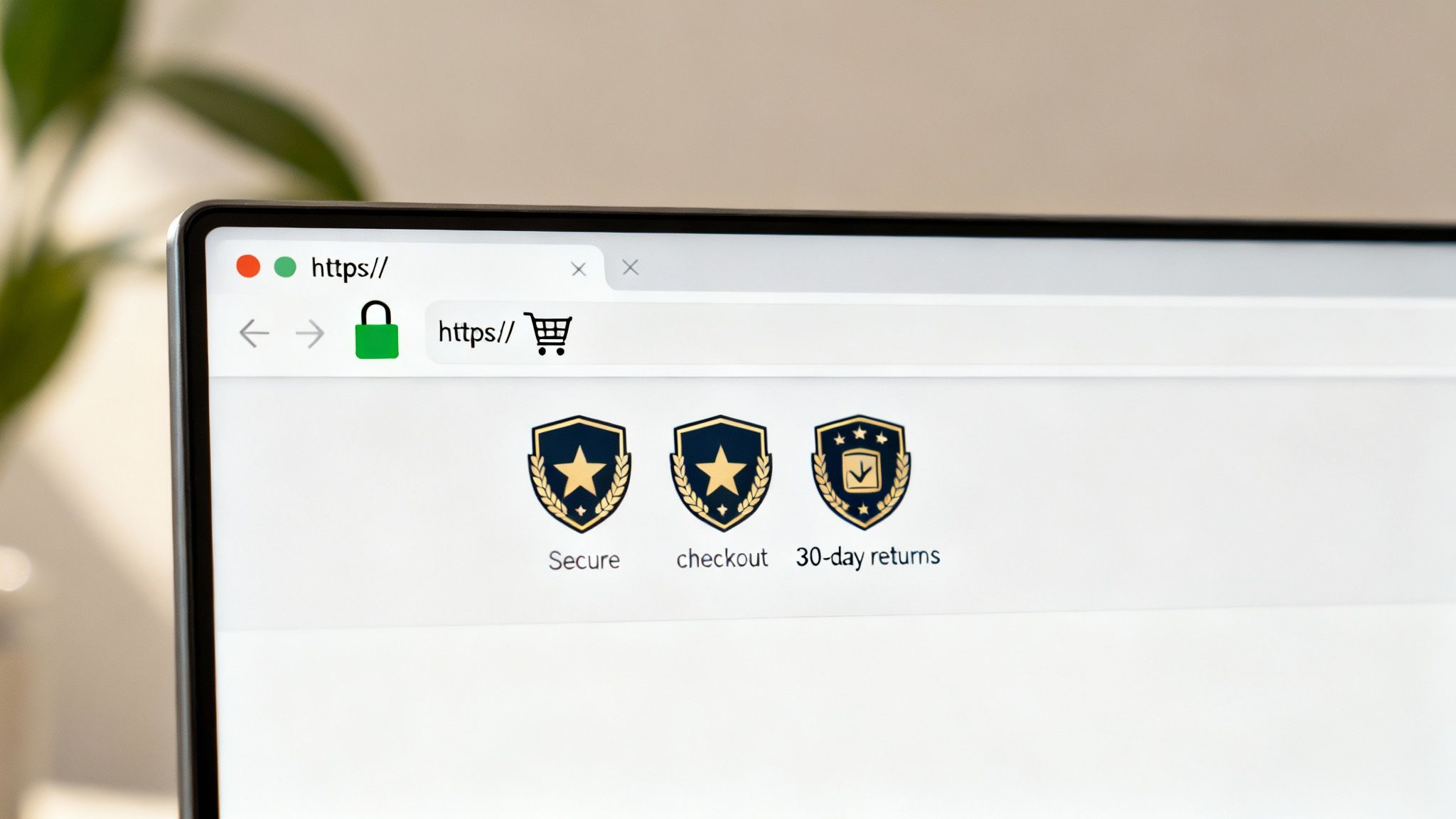 Laptop screen displaying a secure e-commerce website with HTTPS, padlock icon, and trust badges.