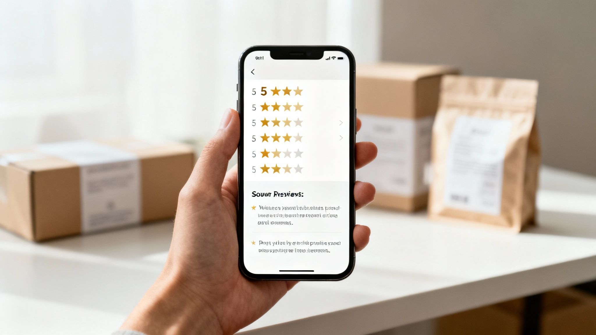 A hand holds a smartphone displaying customer product reviews with star ratings and text feedback.