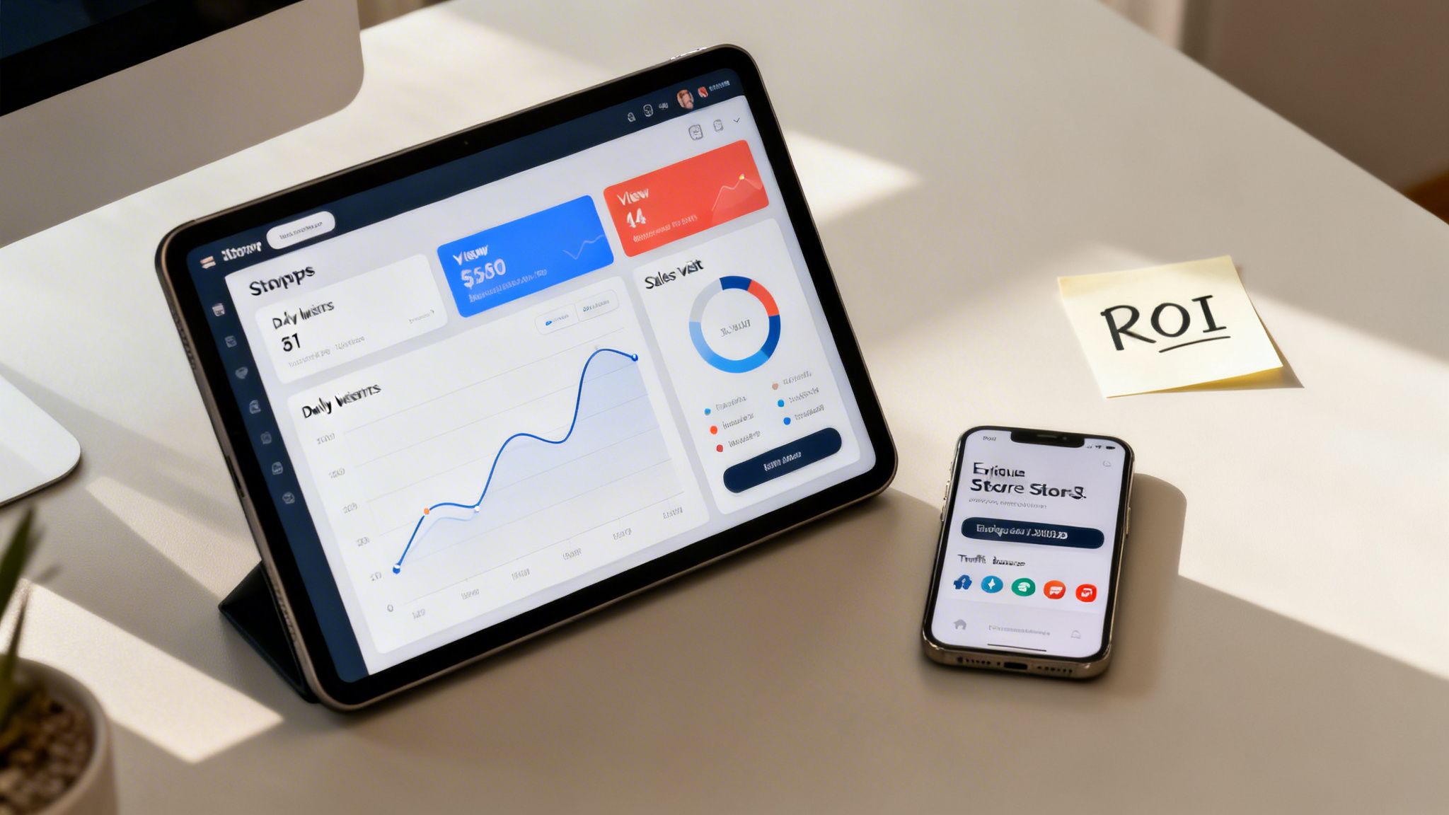 A tablet displaying business analytics and sales data, next to a smartphone and an 'ROI' sticky note on a desk.