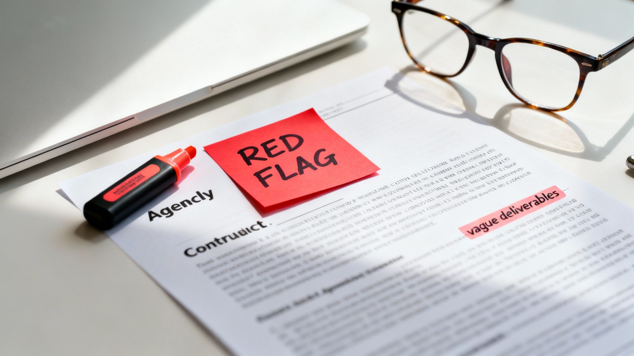 A document highlighting 'RED FLAG' and 'vague deliverables' with a highlighter and glasses on a desk.