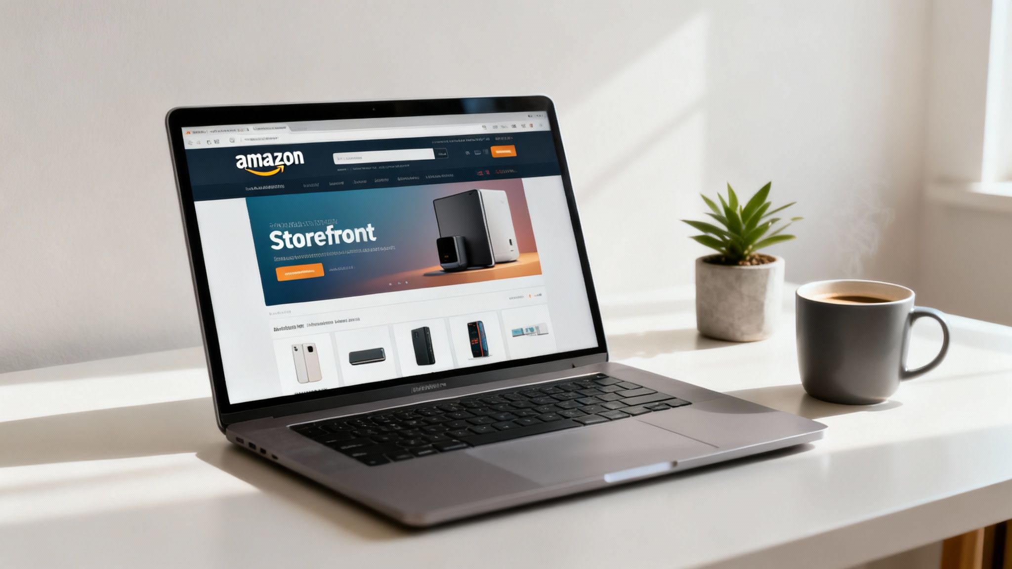 A modern laptop displaying the Amazon Storefront webpage on a bright white desk with a steaming coffee cup and a green plant.