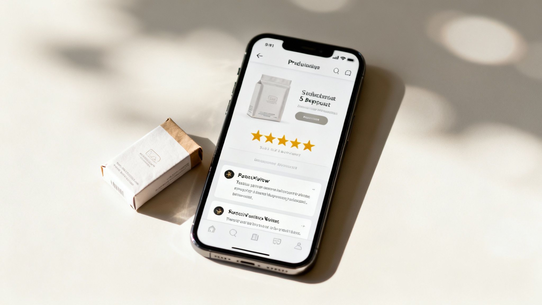 Smartphone displaying five star product reviews next to packaged item on white surface