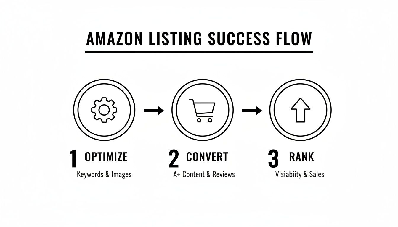 Flowchart illustrating three essential steps for Amazon listing success: optimize, convert, and rank.