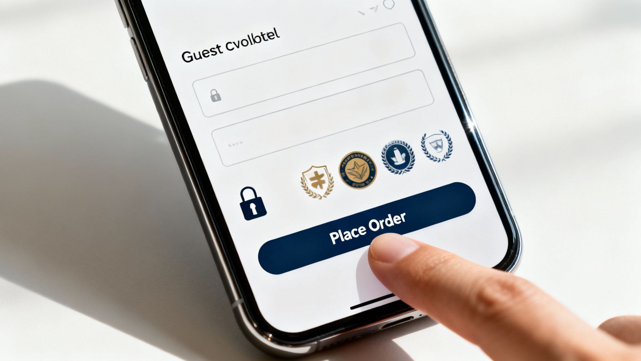 A hand touches the "Place Order" button on a smartphone screen showing a login form.