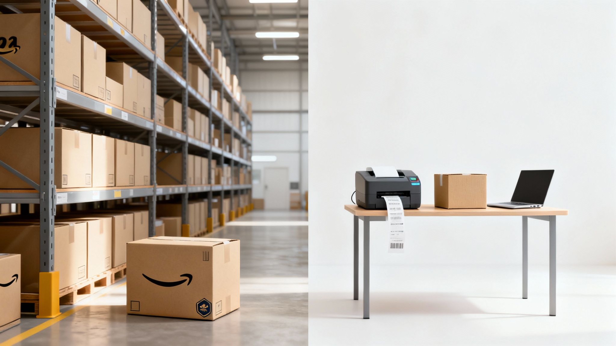 Amazon warehouse with cardboard boxes and shipping station with label printer and laptop