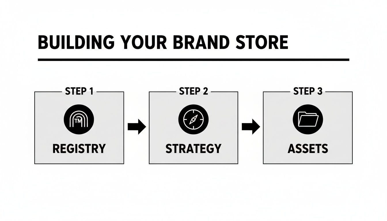 A three-step diagram outlining how to build a brand store: Registry, Strategy, and Assets.